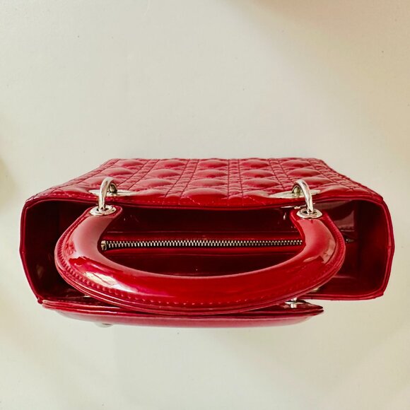 CHRISTIAN DIOR TWO-WAY LADY DIOR PATENT LEATHER TOTE SHOULDER BAG RED - Picture 7 of 16